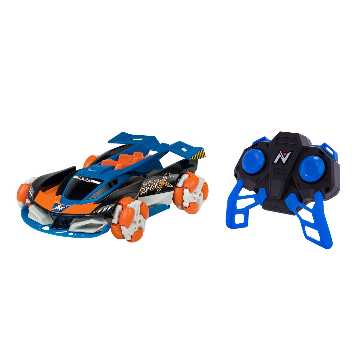 Nikko RC Nano Omni X remote control car in blue and orange with matching blue and black controller on plain background