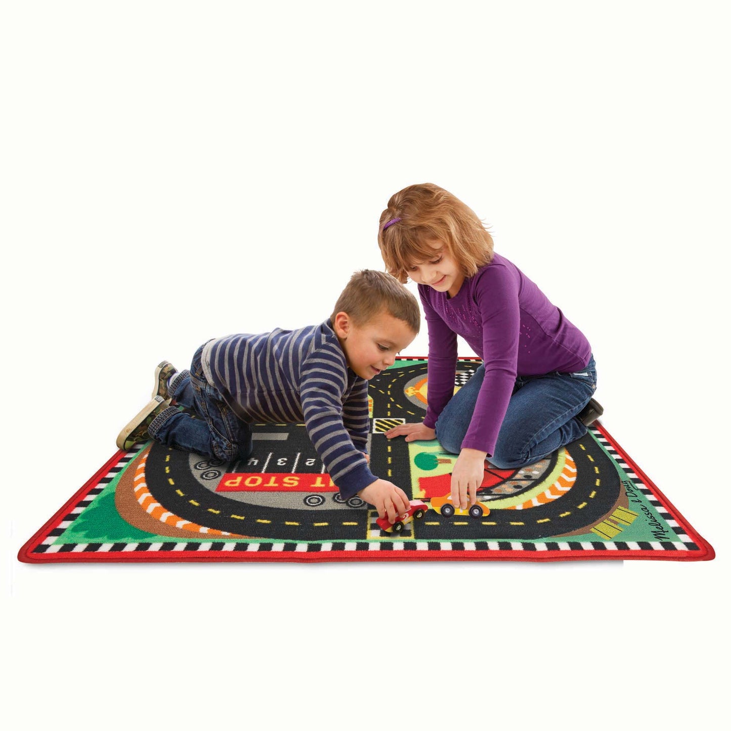 Melissa & Doug Speedway Race Track Rug with 4 wooden cars, children playing on colorful road mat