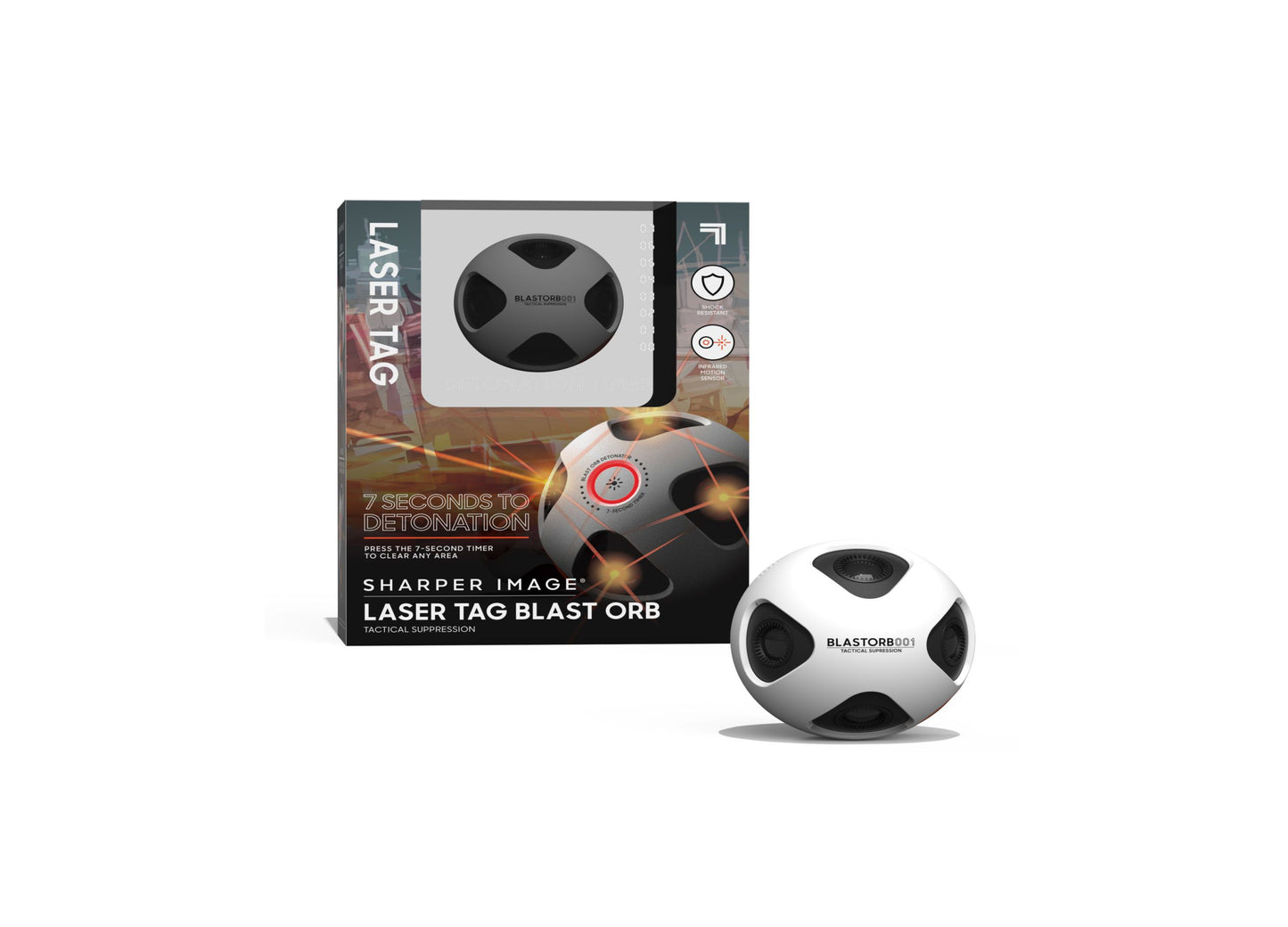 Sharper Image Laser Tag Blast Orb package with white and black spherical toy, showing 7-second detonation timer feature and tactical suppression gameplay