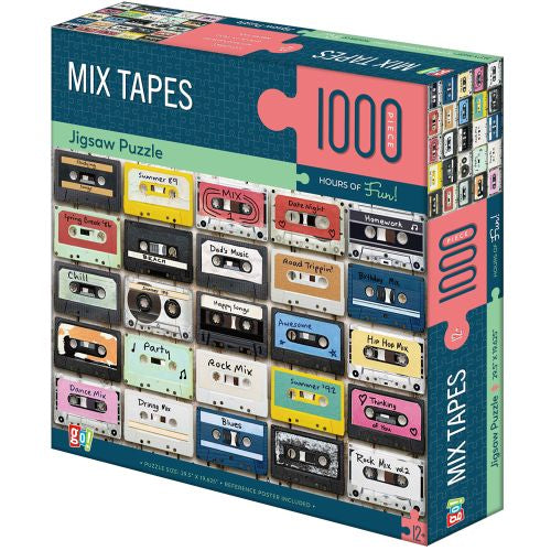 Mix Tapes 1000 Piece Jigsaw Puzzle featuring colorful retro cassette tapes