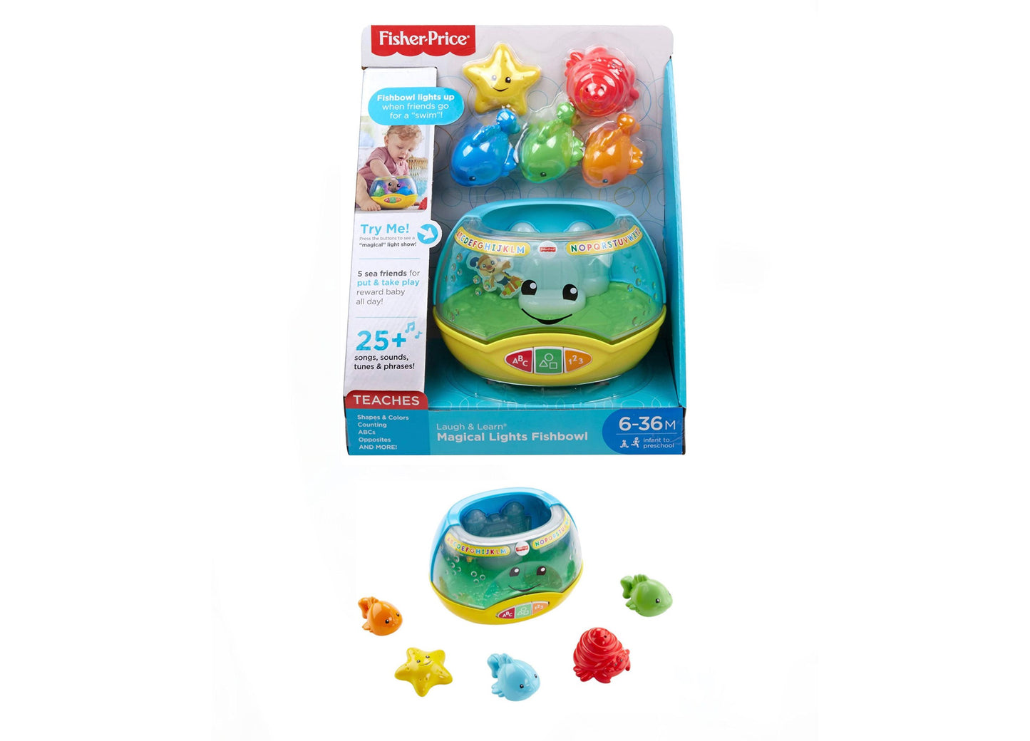Fisher-Price Laugh and Learn Magical Lights Fishbowl with 5 colorful sea friend toys, featuring light-up features and interactive buttons for infants 6-36 month