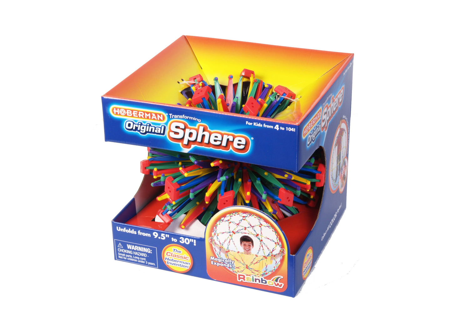 Hoberman Original Transforming Sphere with multicolored expanding sticks, shown expanded and collapsed in packaging