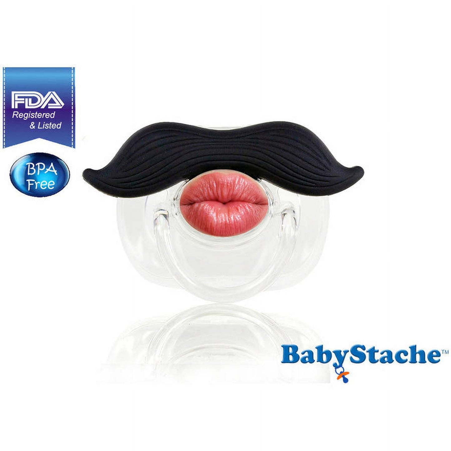 BabyStache Kissable Romeo Pac pacifier with black curled mustache and red lips design, FDA Registered & Listed, BPA Free