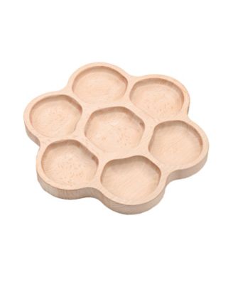 Natural beech wood flower-shaped tray with six round compartments for sorting and sensory play