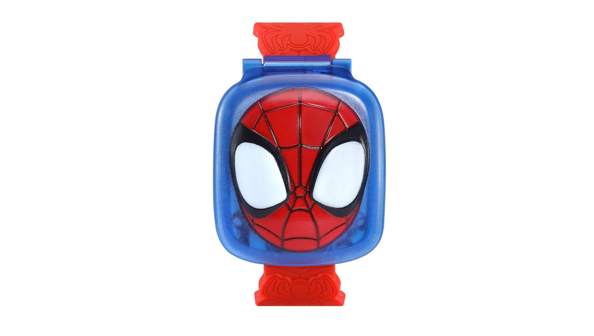 VTech Spidey Learning Watch with blue band, red Spidey face design, and red textured top and bottom straps
