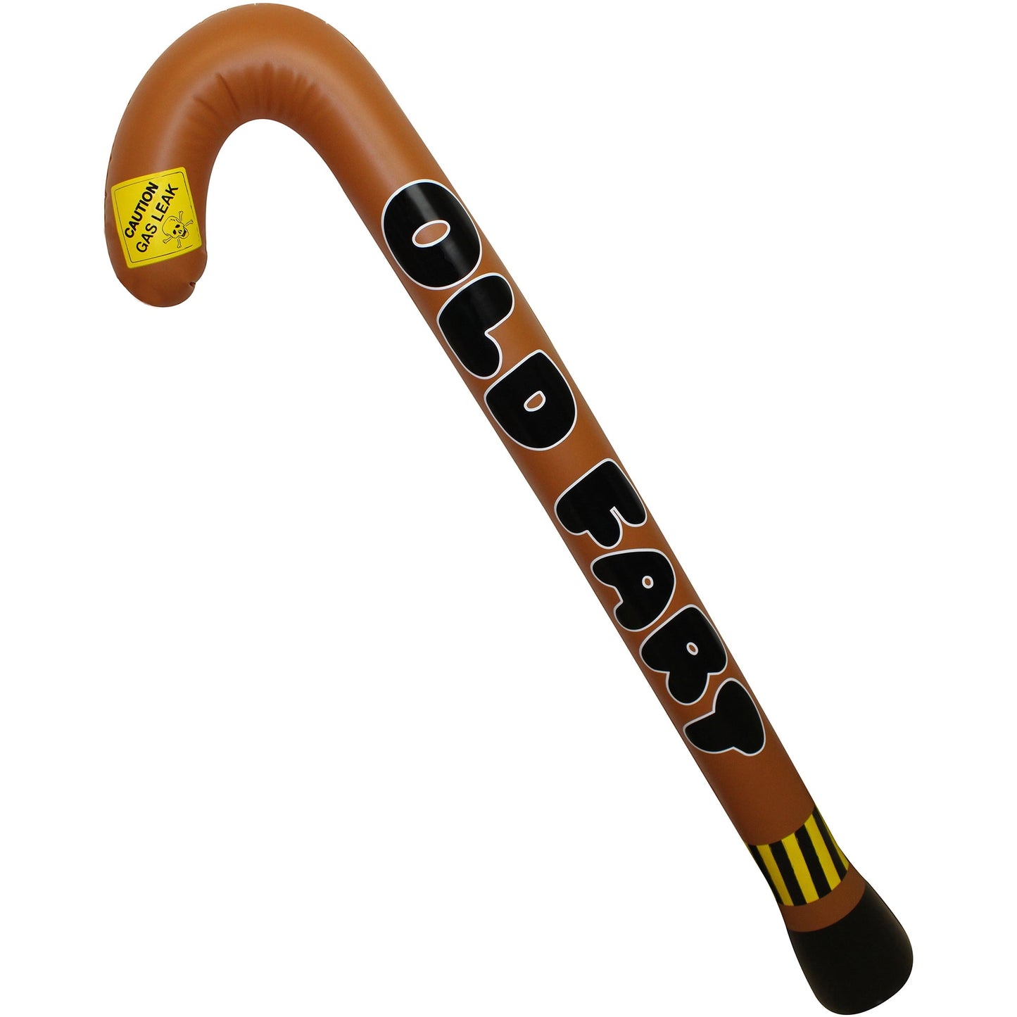 Brown inflatable cane with black paw print designs, yellow label on curved handle, black striped grip at base