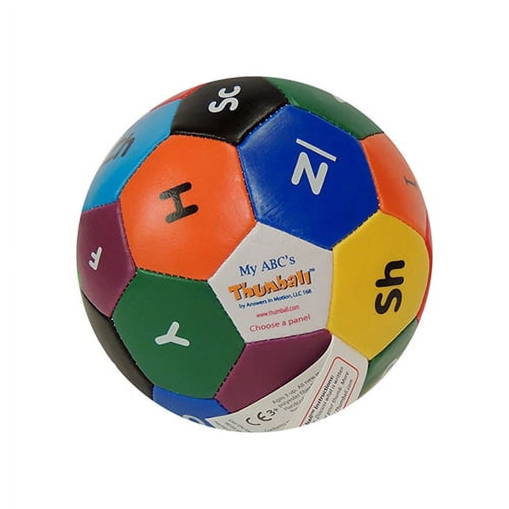 Colorful fabric ball with hexagonal panels featuring letters and numbers, labeled My ABC's Thumball learning toy