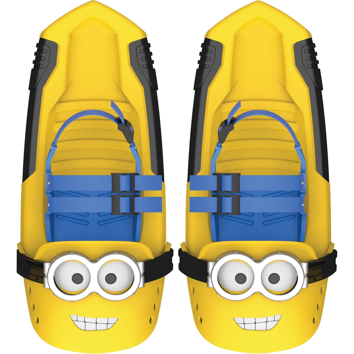 Pair of yellow snow shoes with Minion character design, featuring blue seat harnesses, black side panels, and large googly eyes on the foot area