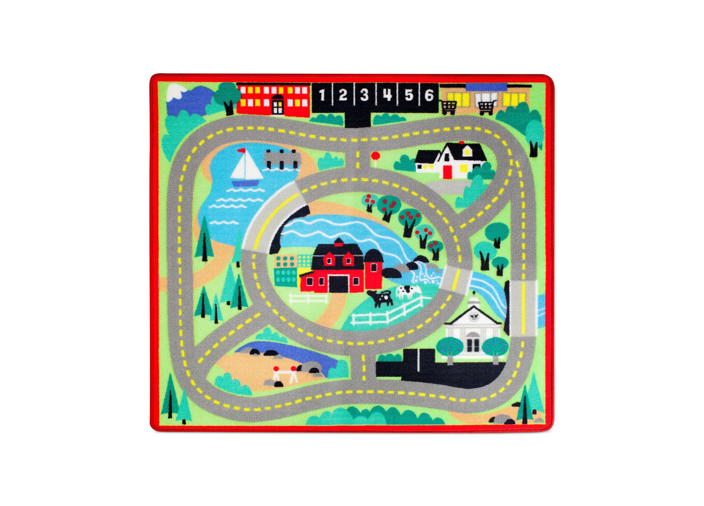 Colorful road rug with winding gray roads, yellow dashed center lines, houses, trees, water, and numbered storefronts at top, red border frame