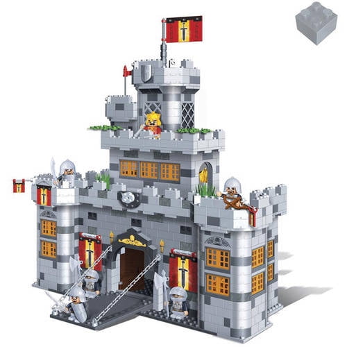 BanBao Medieval Castle Building Set with gray stone blocks, towers, flag, drawbridge, and minifigures