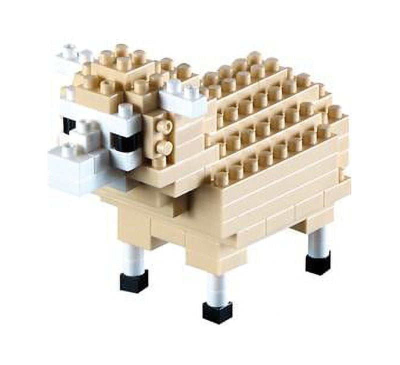 Tan and white building blocks assembled into a sheep figure with black hooves and white legs on plain background