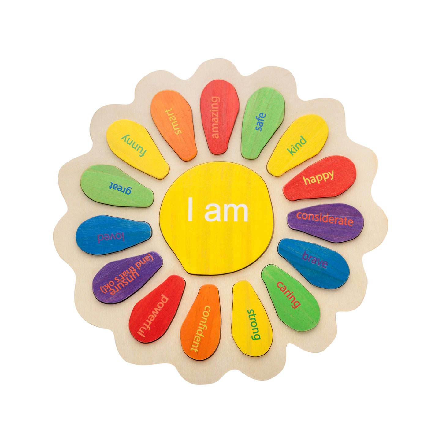 Wooden flower-shaped puzzle with yellow center reading "I am" surrounded by colorful petal pieces labeled with emotions and character traits like amazing, happy