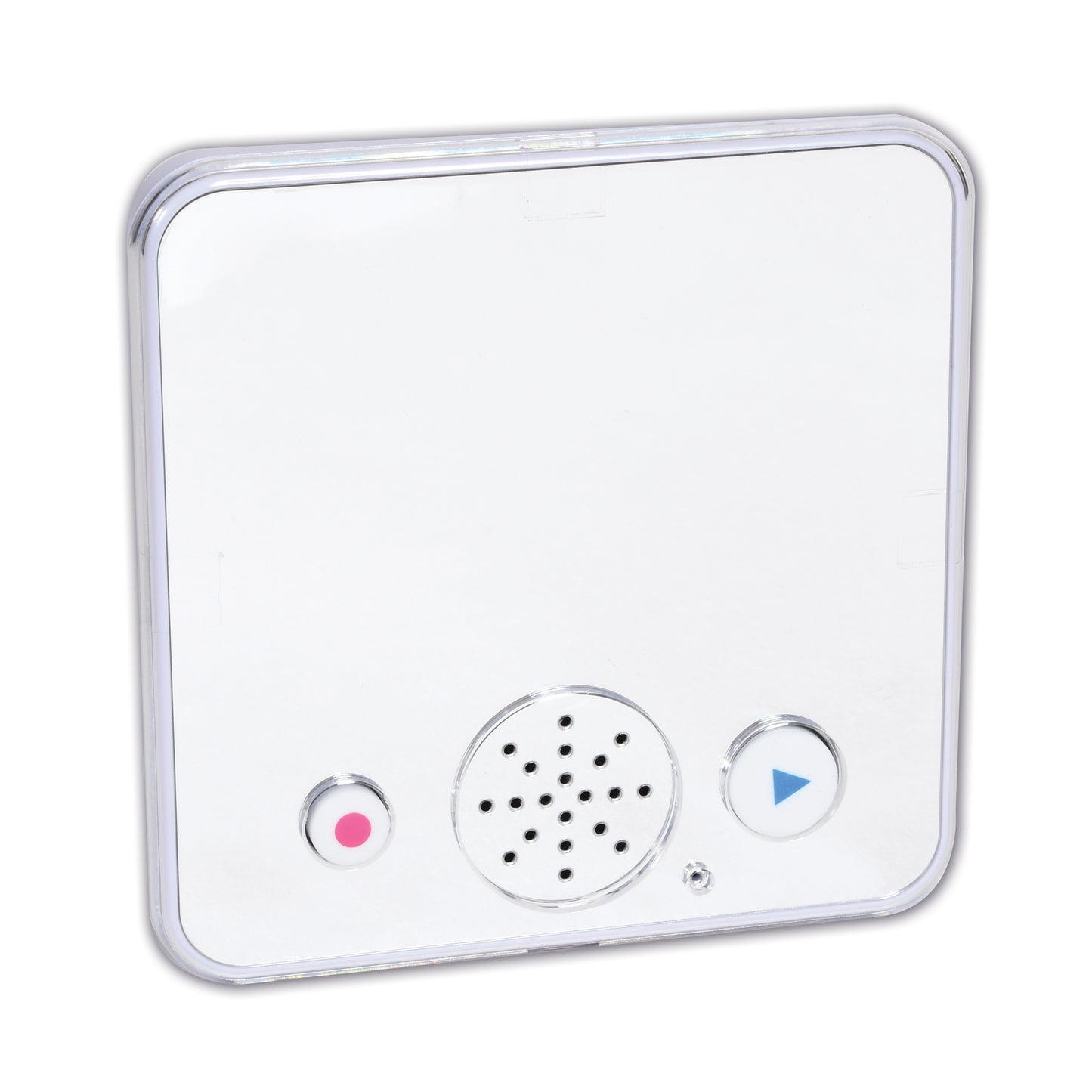 White square device with rounded corners, pink power button on left, speaker with black dots in center, blue play button on right