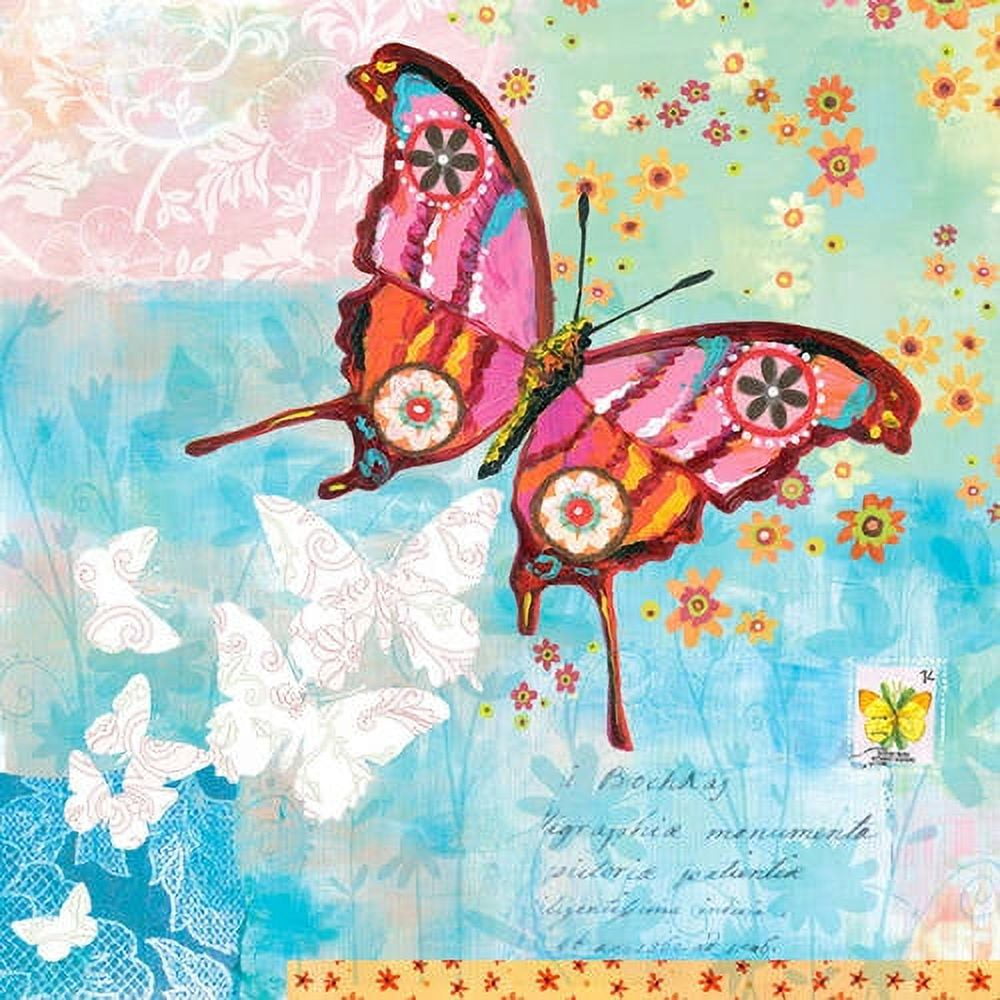Whimsical mixed-media canvas art featuring a pink, orange, and red butterfly with decorative circular patterns, surrounded by colorful flowers, white butterflie