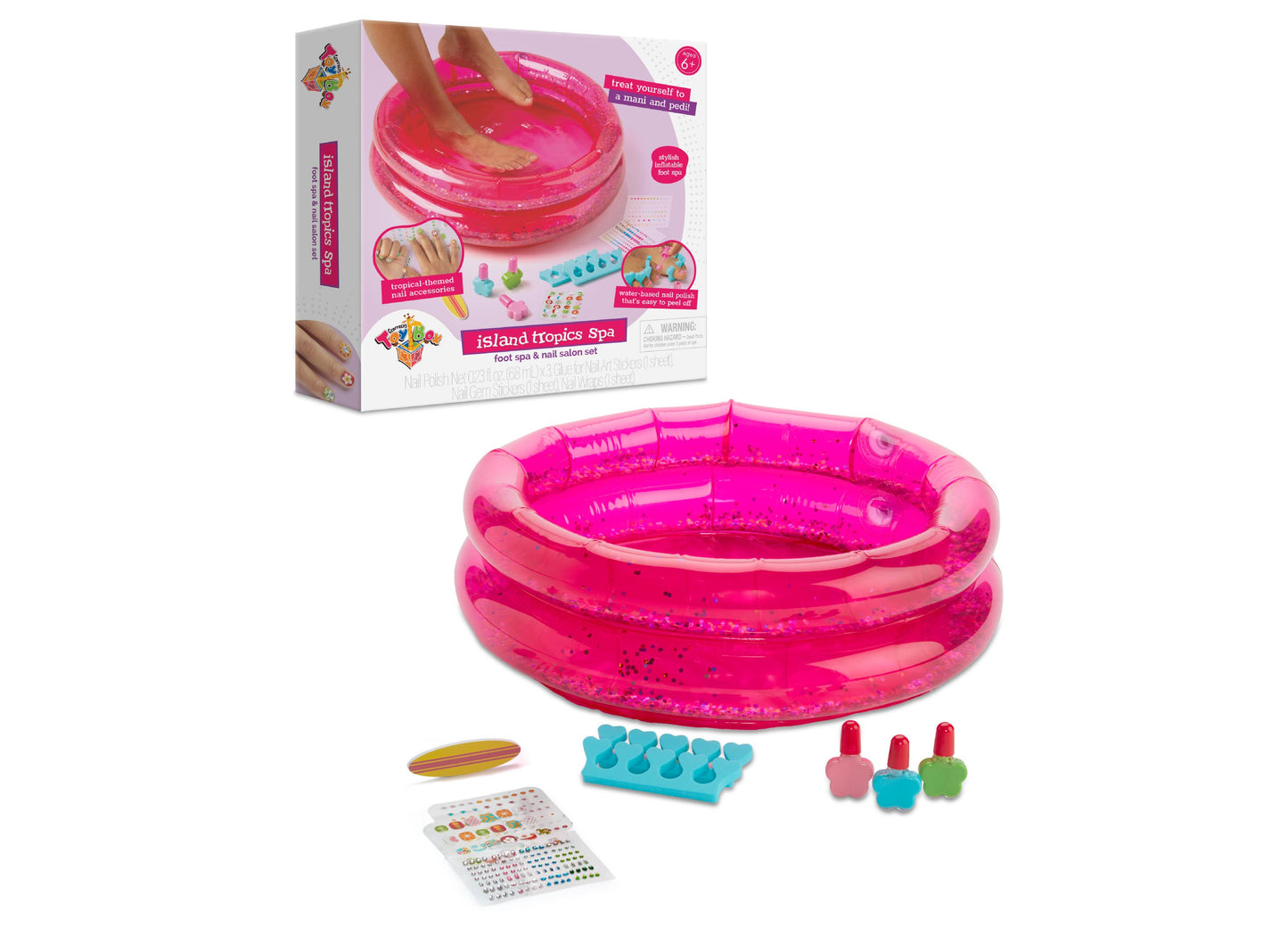 Island Tropics Spa foot spa and nail salon set with pink inflatable basin, nail polish bottles, nail file, gem stickers, and nail mold tray