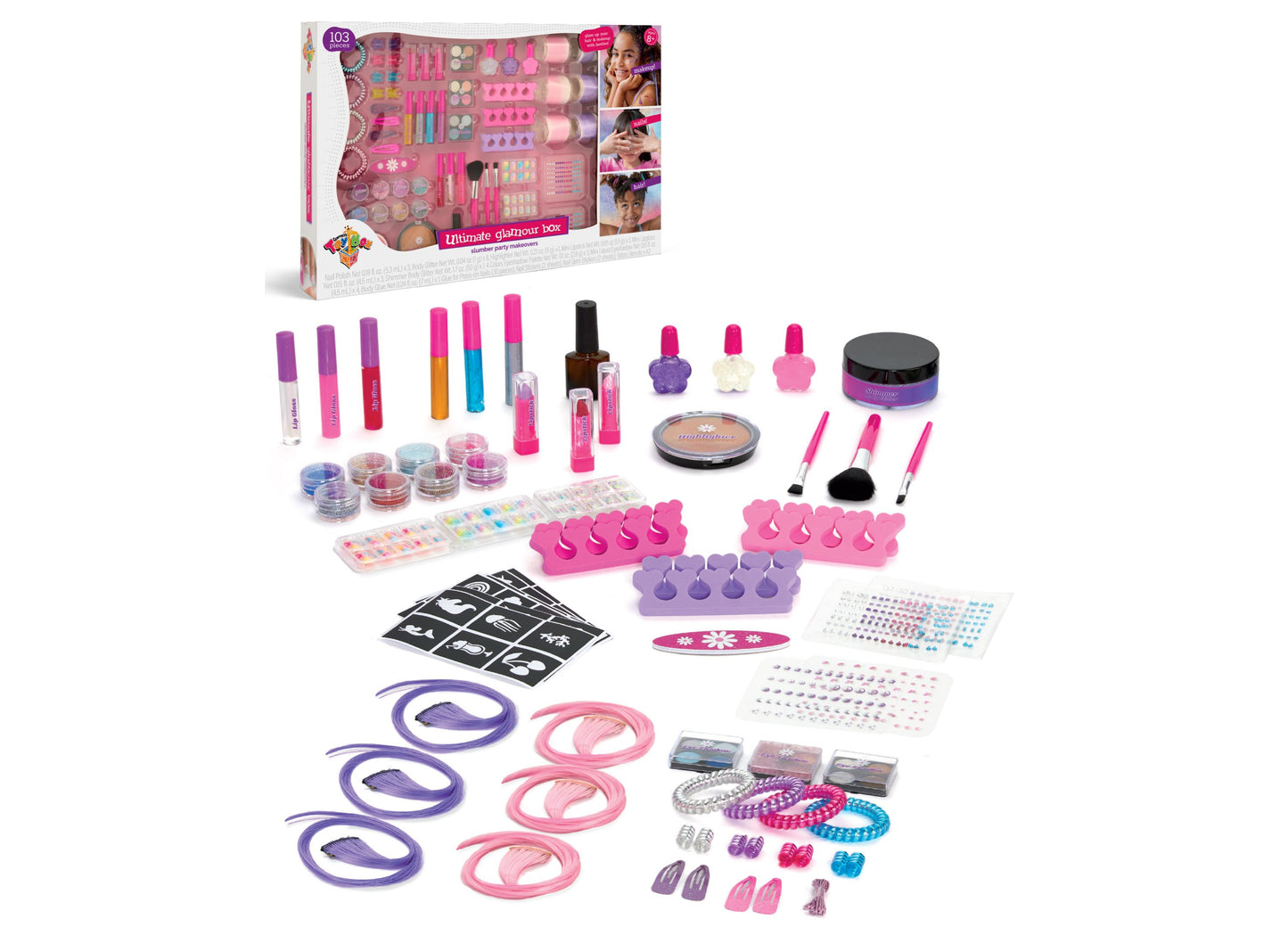 Ultimate Glamour Box with 103 pieces including nail polish, makeup brushes, eyeshadow palettes, lip glosses, nail art stamps, hair accessories, and decorative n