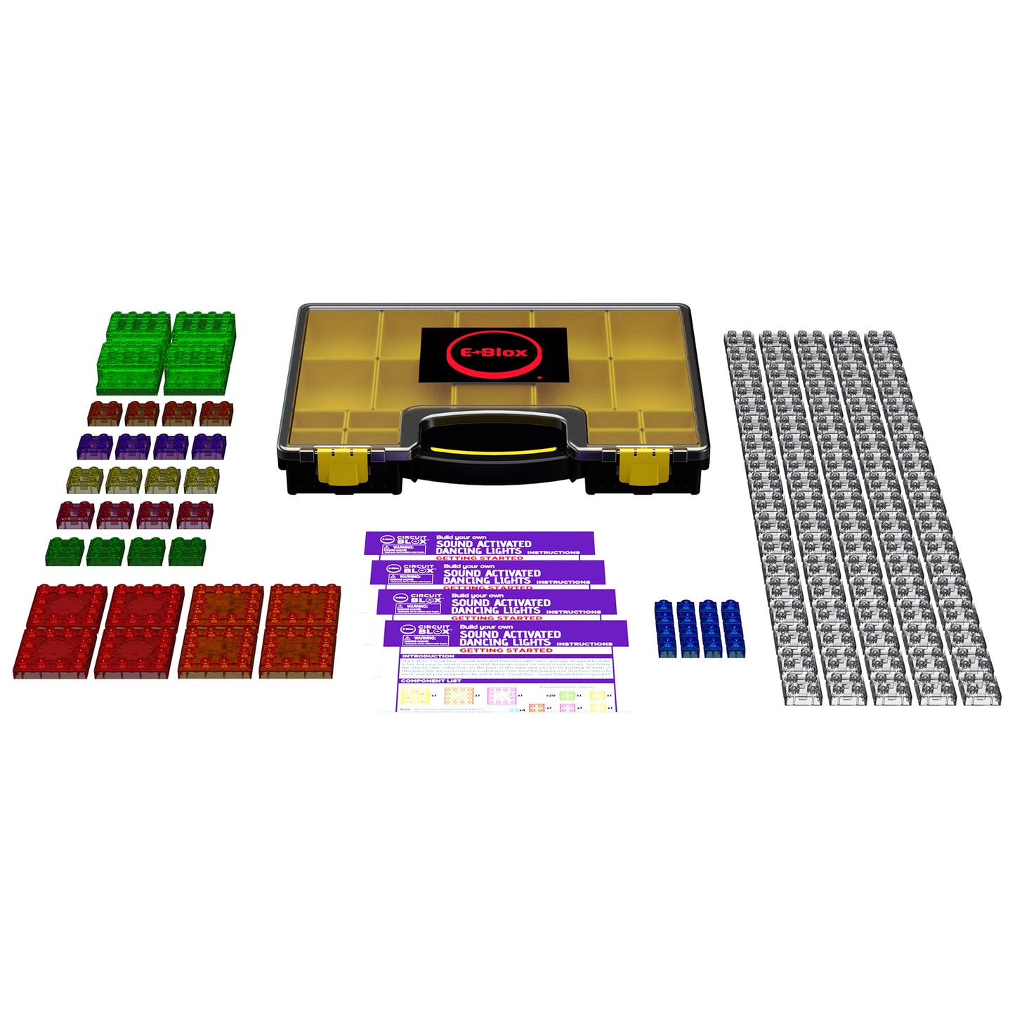 E-Blox Circuit Blox Lights Starter set contents including black and yellow storage case, colorful plastic building blocks in green, red, purple, and brown, gray