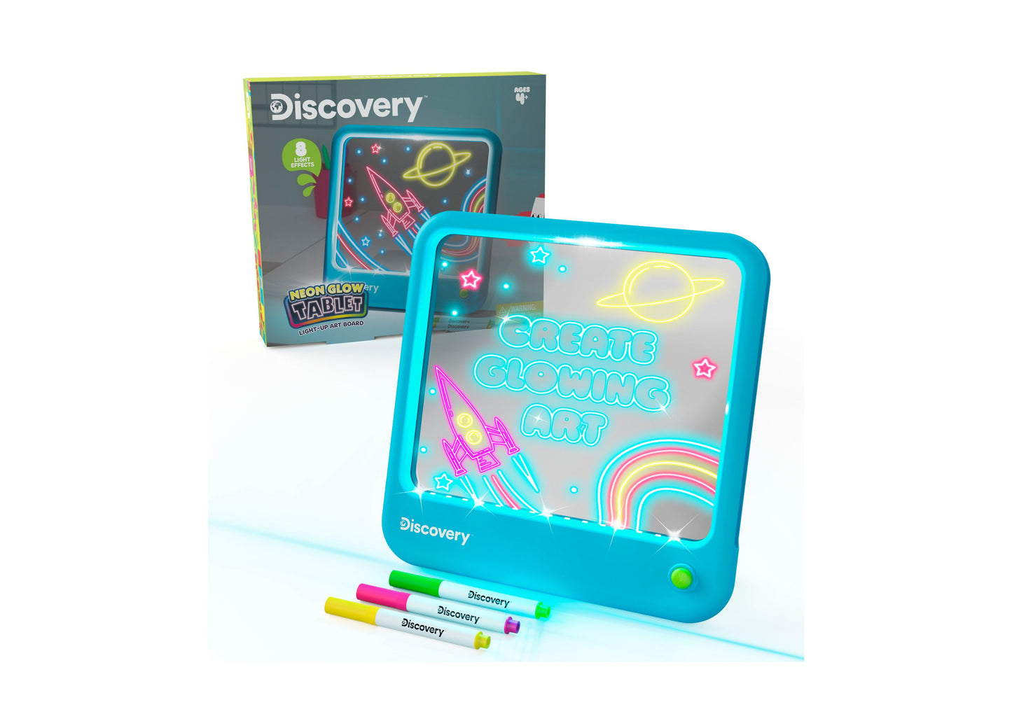 Discovery Kids Neon Glow Light-Up Art Board with turquoise frame, glowing neon designs including rocket and planet, includes three colorful markers