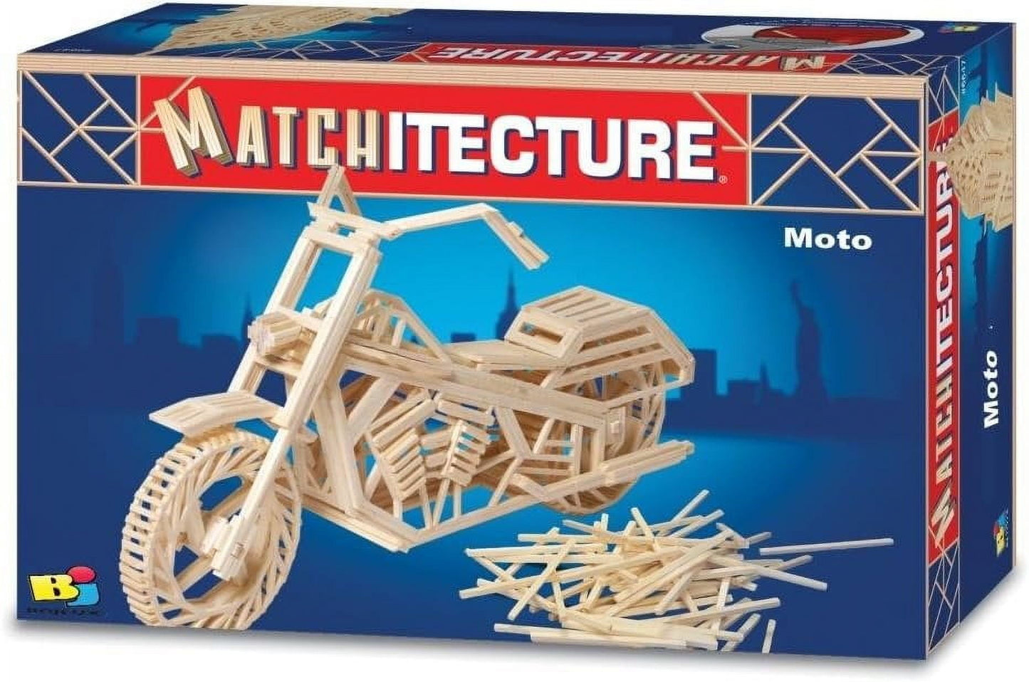 Matchitecture Moto building set box displaying wooden matchstick motorcycle model with assembled frame and loose microbeams