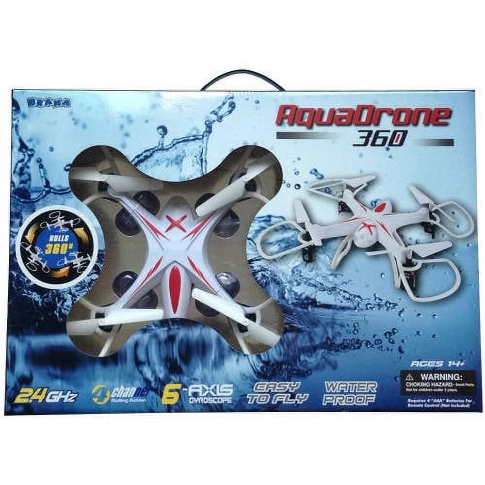 Aqua Drone 360 waterproof remote control drone with white and red body, gray propellers, 2.4 GHz controller, and water splash background on packaging