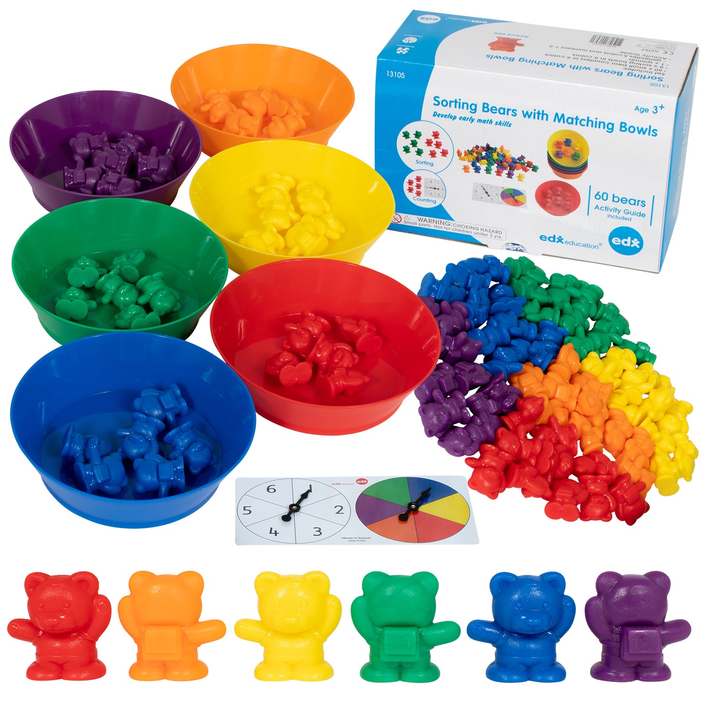 Sorting Bears with Matching Bowls set with six colored plastic bowls, 60 bear-shaped counters in six colors, two spinner wheels, and six large bear figurines in