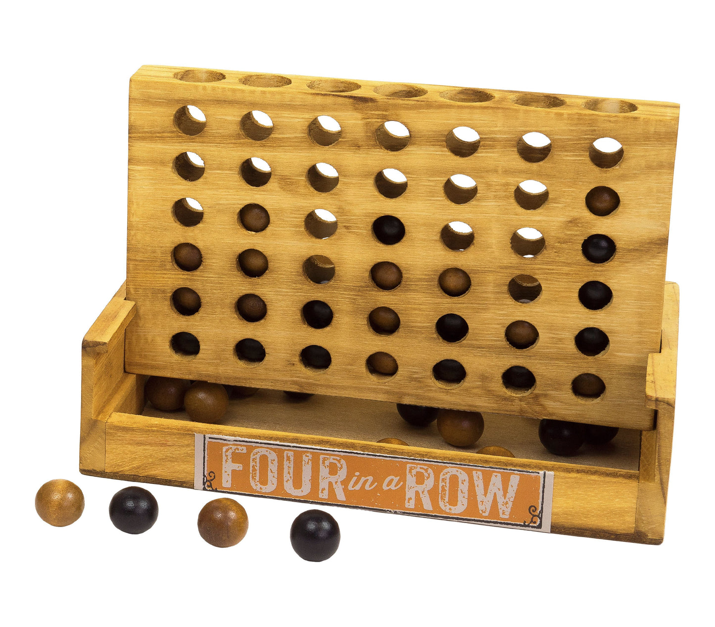 Wooden Four in a Row game with tilted board showing holes for pieces, orange label reading 'FOUR in a ROW', and brown and black marbles displayed in front