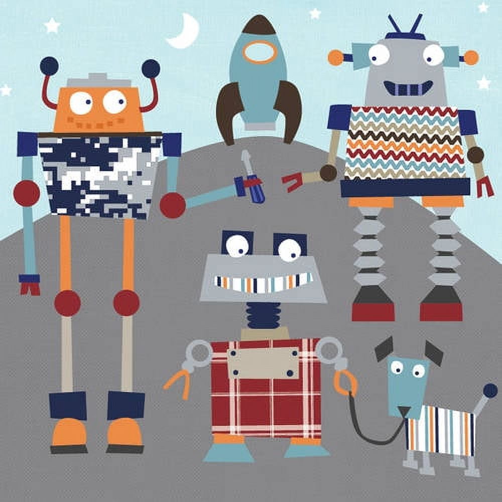 Colorful illustrated robots with big eyes and geometric patterns on light blue background with moon and stars