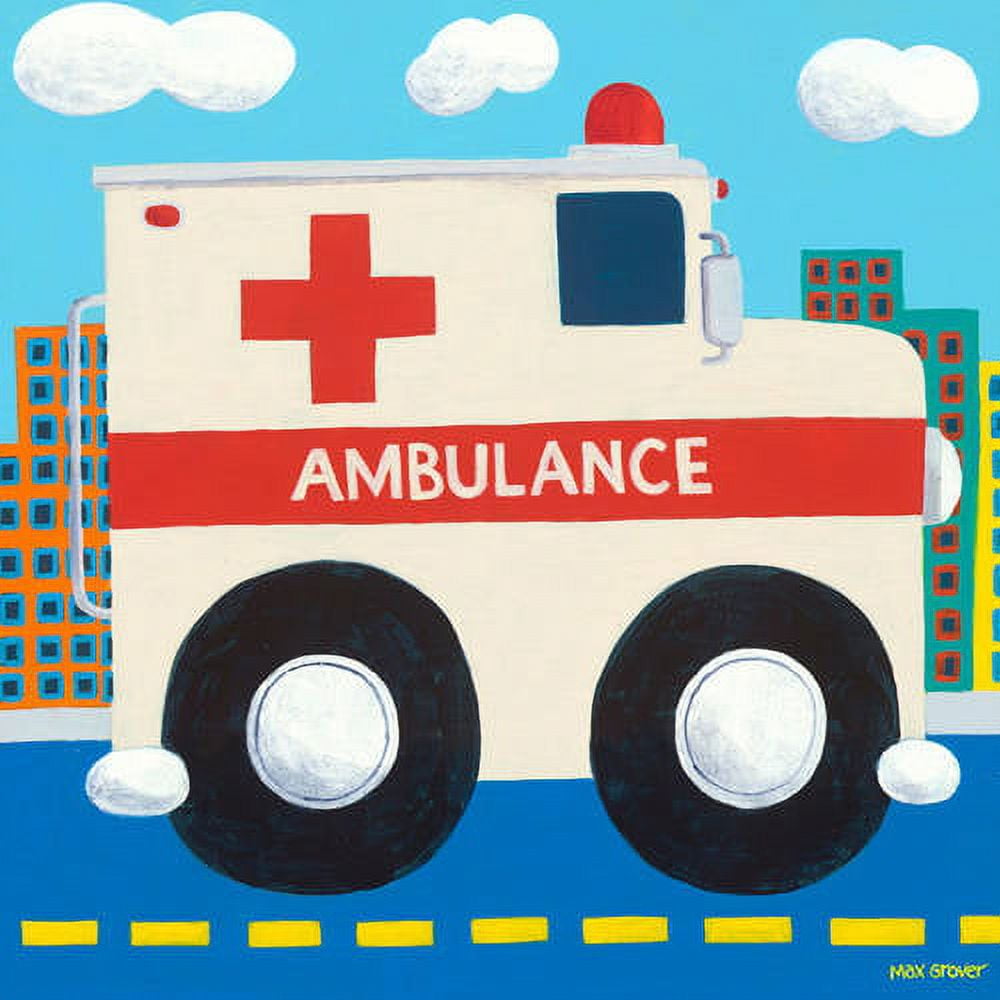 Colorful illustration of a white ambulance with red cross and "AMBULANCE" text, large black wheels, red siren light on top, surrounded by stylized city building