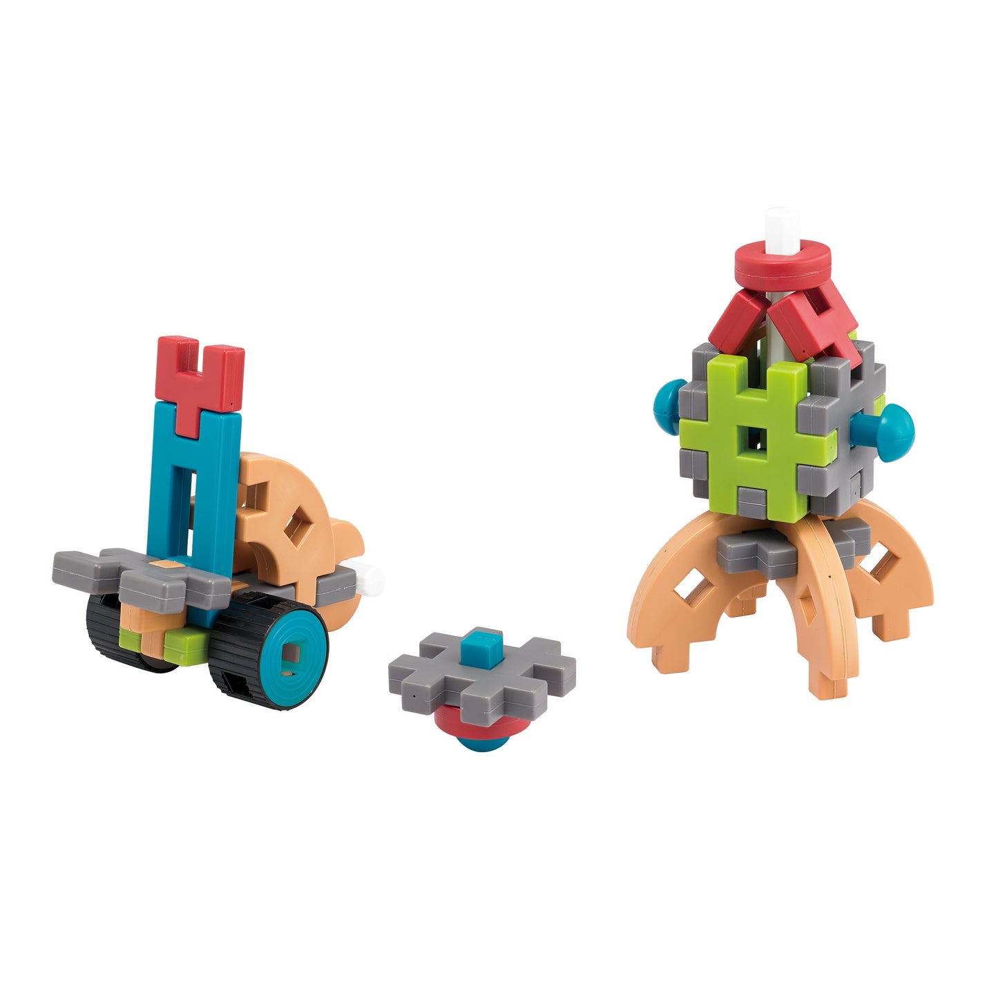 Three colorful interlocking building block structures with red, teal, lime green, gray, orange, and blue pieces on white background