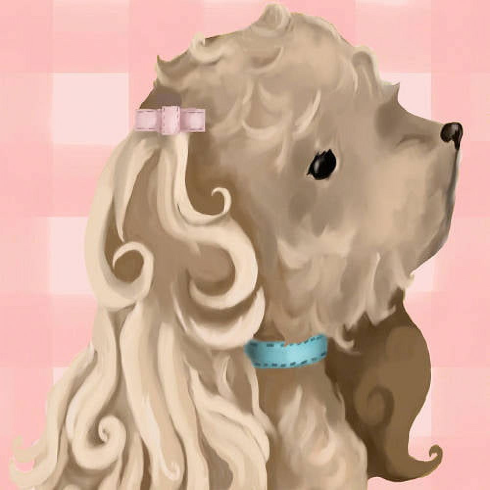 Cream-colored puppy doll with long wavy hair, black eyes, pink bow, and blue collar on pink background