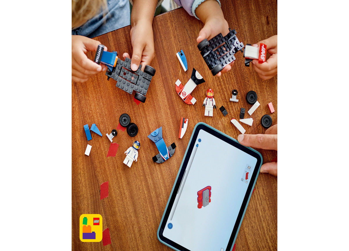 LEGO City F1 Williams & Haas Race Cars Building Set with two red and blue race cars, minifigures, and smartphone show...