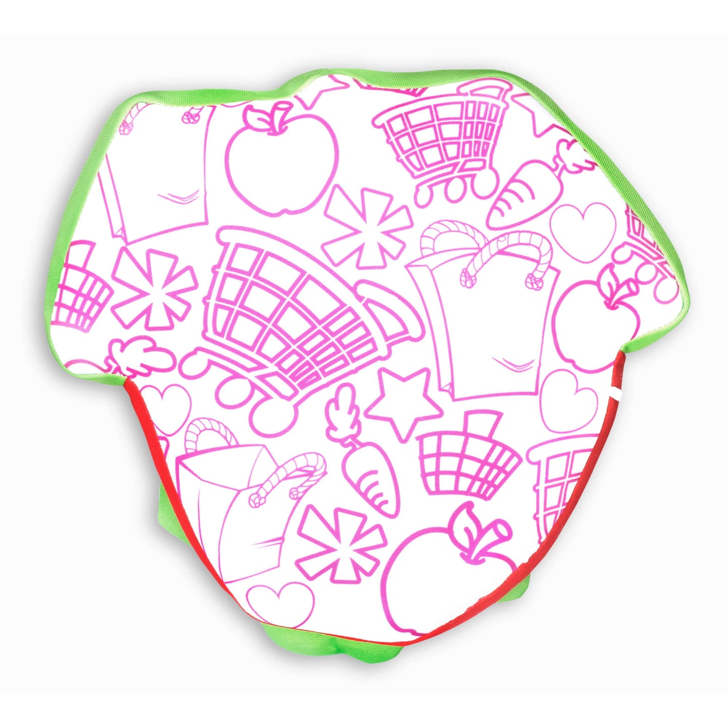 Strawberry Kiss Shopkins plush pillow toy shaped like a strawberry with pink outline design of shopping carts, hearts, apples, and food items on white fabric, g