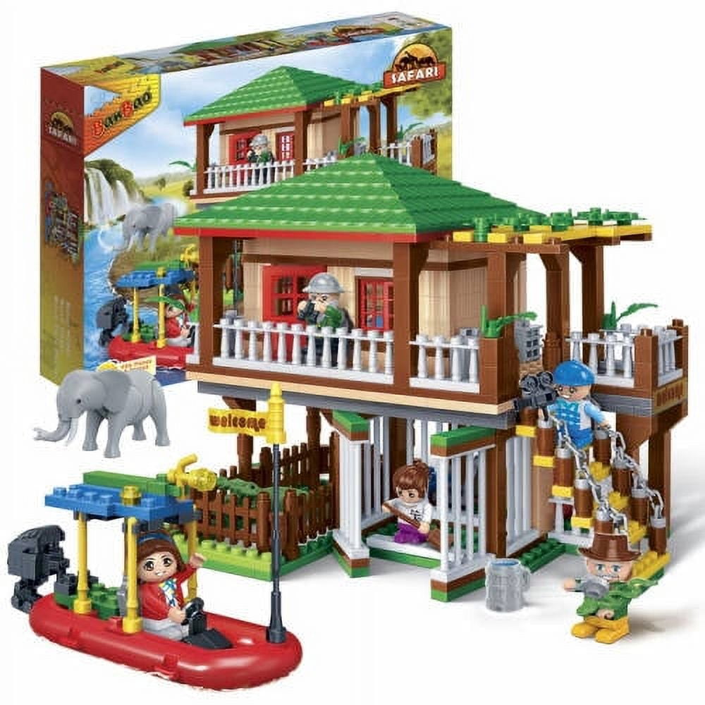 BanBao Jungle Safari Tour building set with safari lodge, elephant figure, minifigures, and accessories on plain background