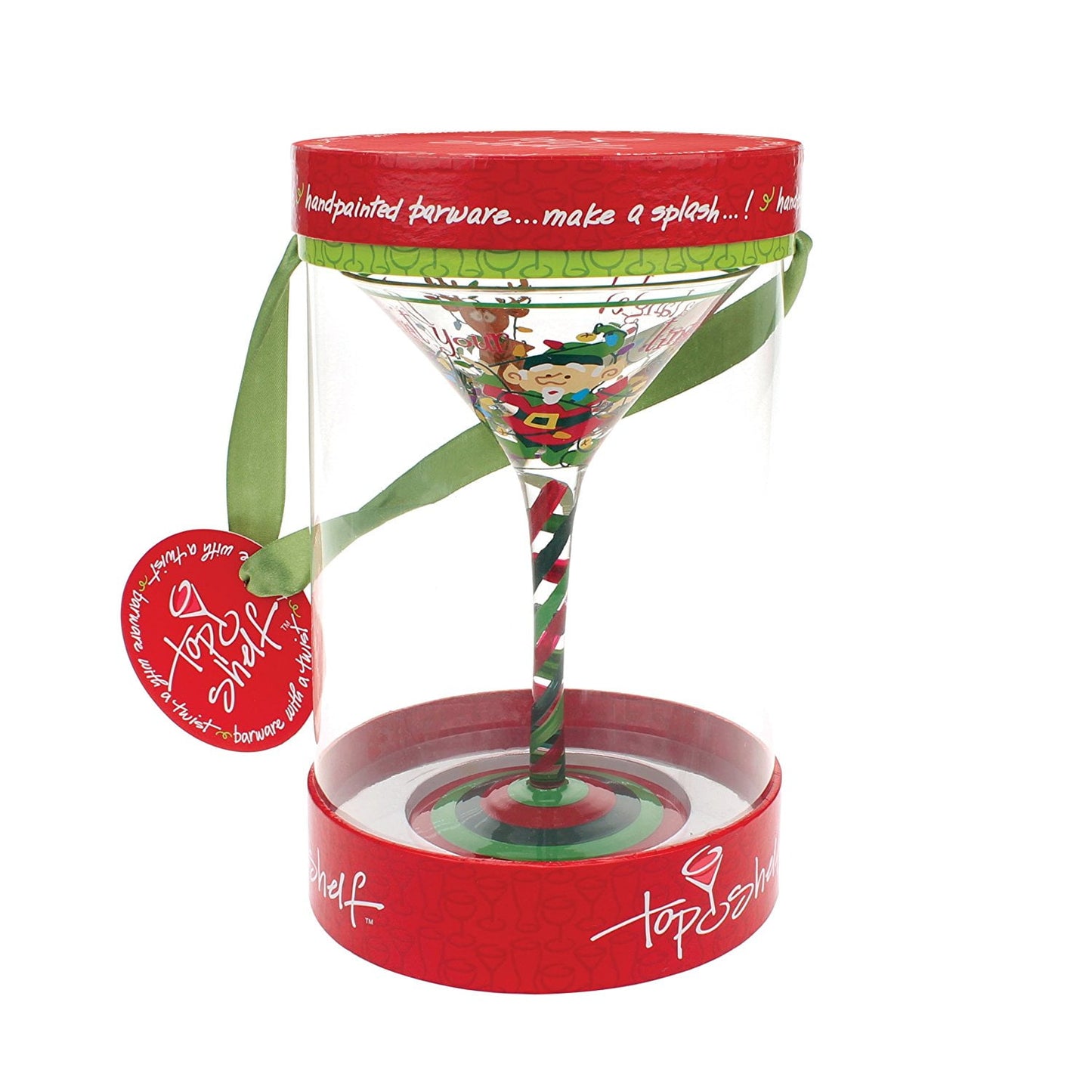 Hand-painted holiday mug with red rim and green ribbon bow, featuring elf character and striped stem, red circular tag attached