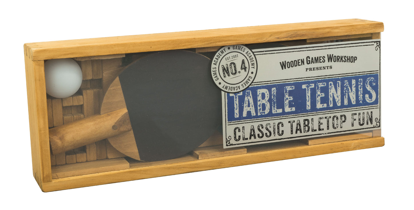 Wooden Games Workshop table tennis set in wooden box with paddle, white ball, and instructional label