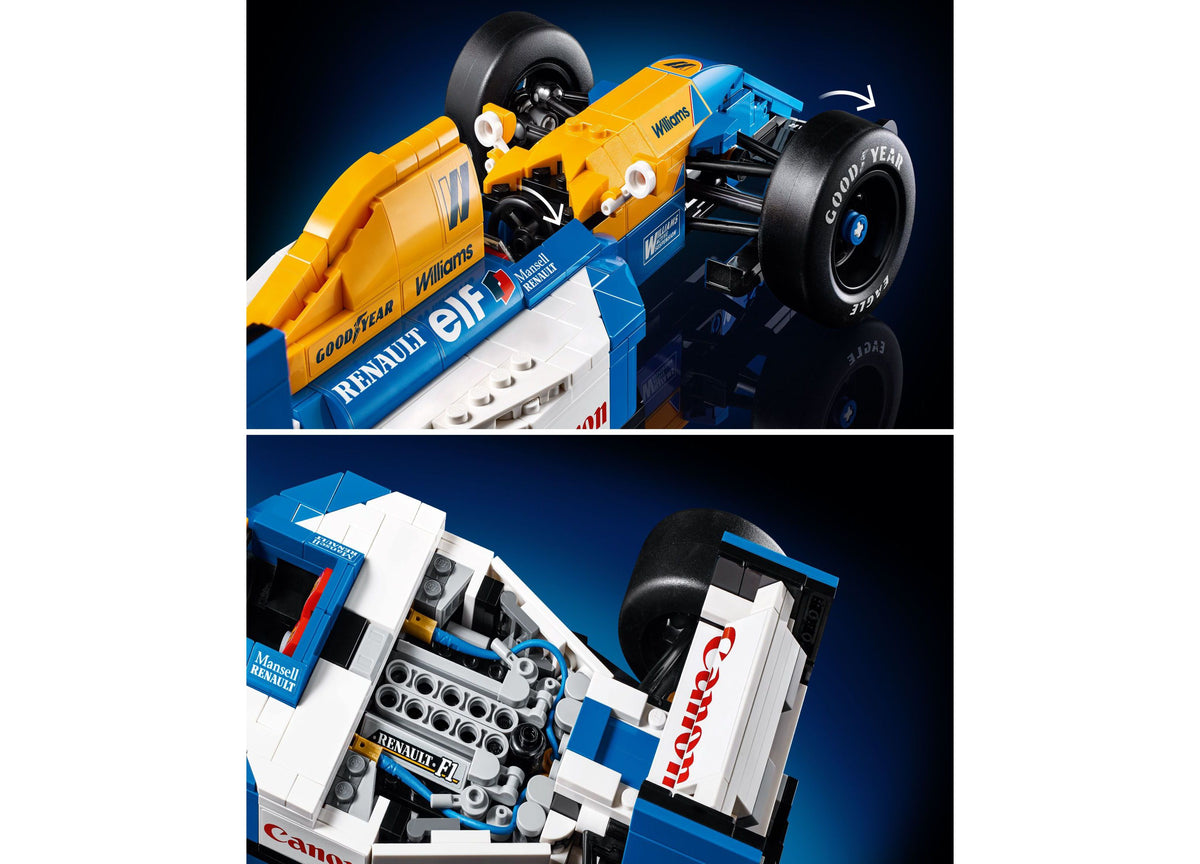 LEGO Icons Williams Racing FW14B model car set in blue and yellow with detailed engine and working steering
