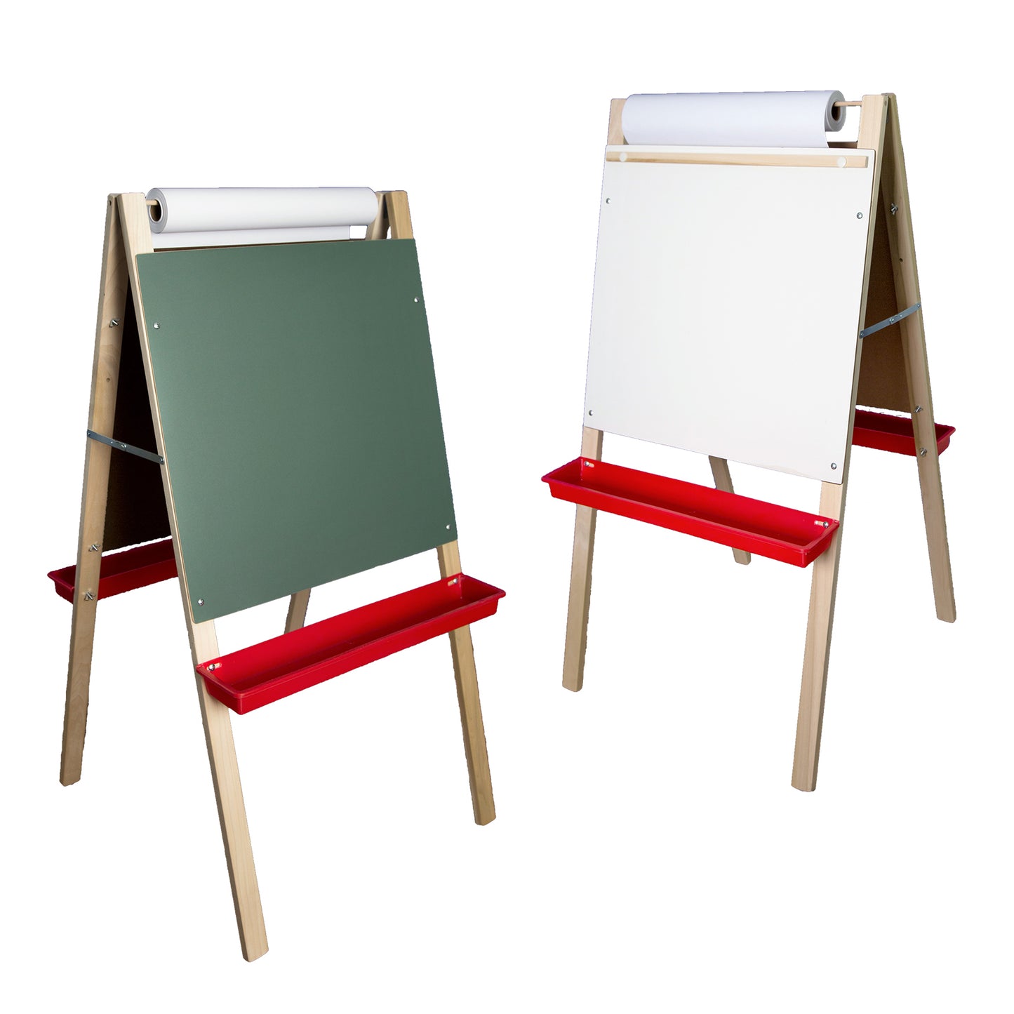 Double-sided easel with natural wood frame, green chalkboard on left side, white dry-erase board on right side, red storage trays, and paper roll dispenser on t