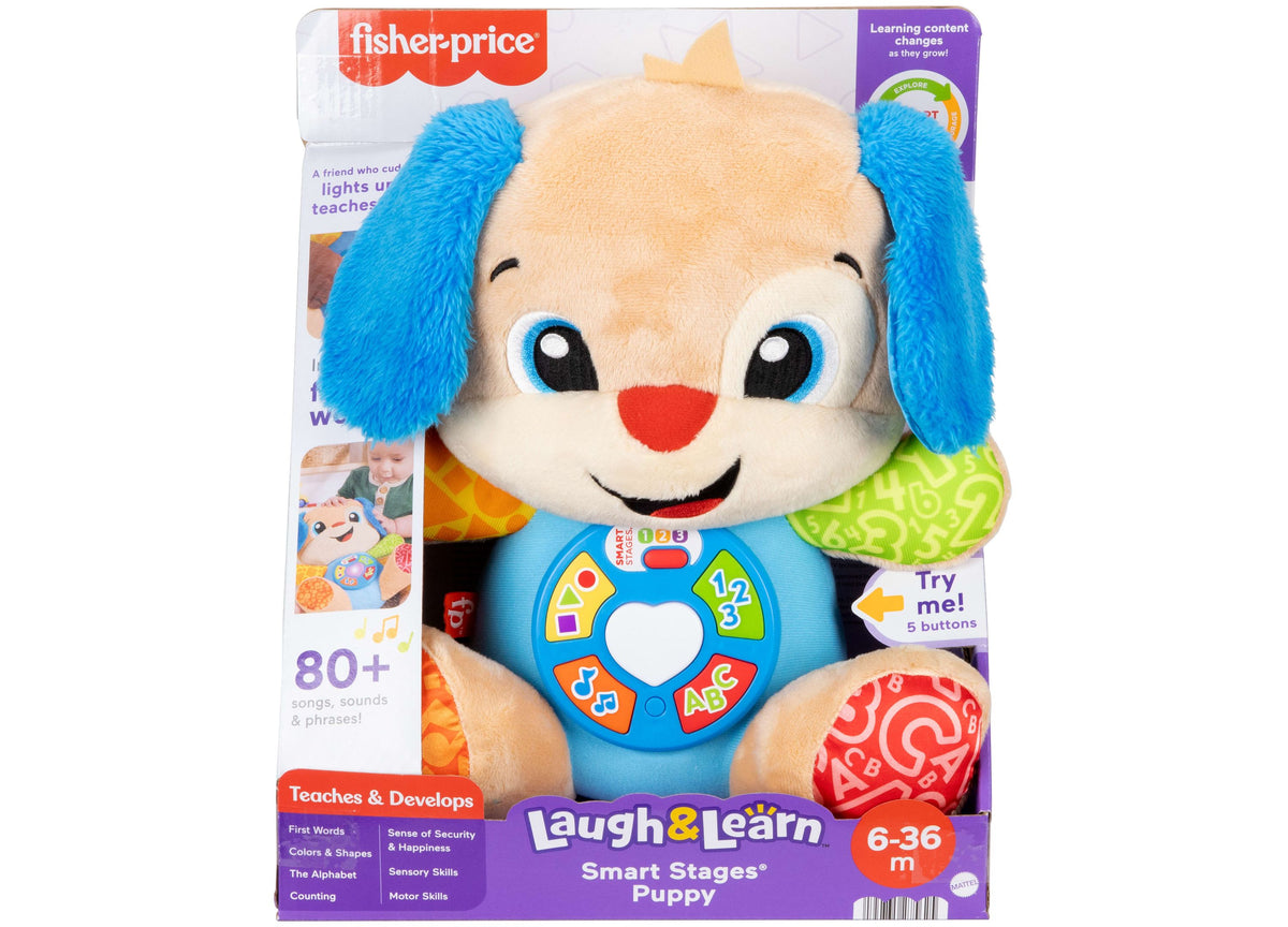 Fisher-Price Laugh and Learn Smart Stages Puppy plush toy with blue ears, cream and tan body, red nose, and blue inte...