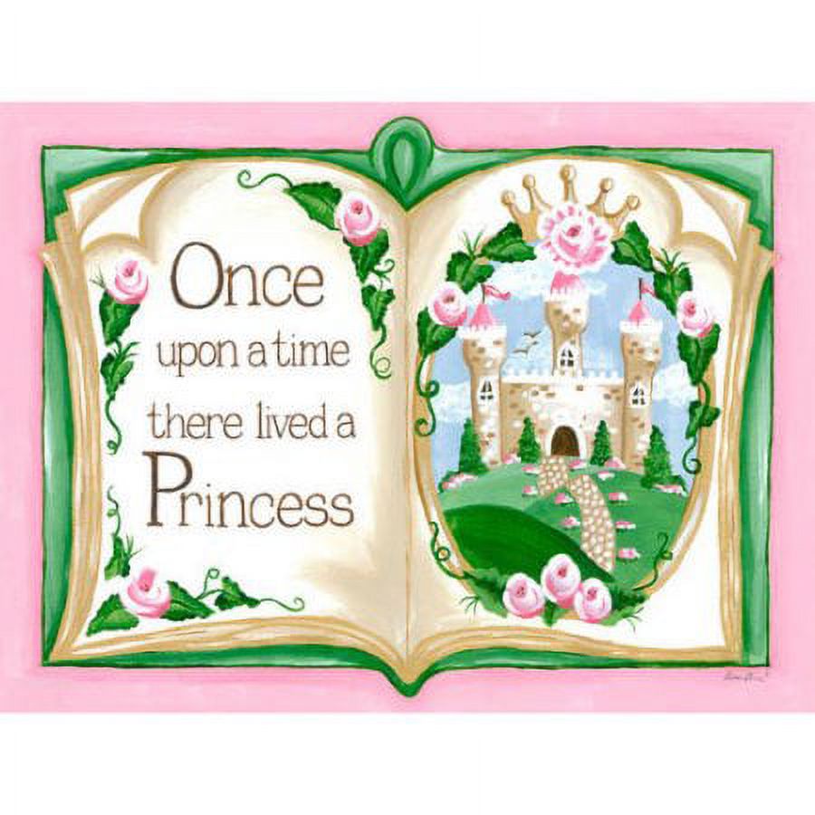 Open storybook with green border on pink background, left page reads "Once upon a time there lived a Princess", right page shows illustrated castle with pink ro