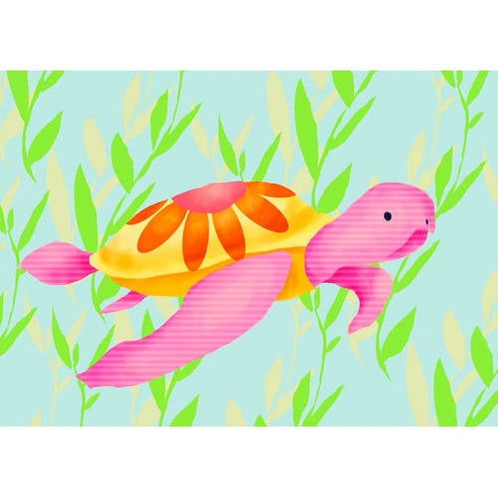 Colorful canvas wall art featuring a pink and yellow sea turtle with orange flower-patterned shell swimming among green and yellow seagrass on a light blue back