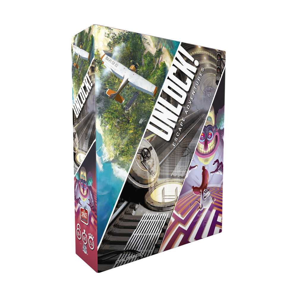 Unlock! Escape Adventures Card Game box showing game title and multiple scenario images including landscapes, vehicles, and colorful graphics on red and black p