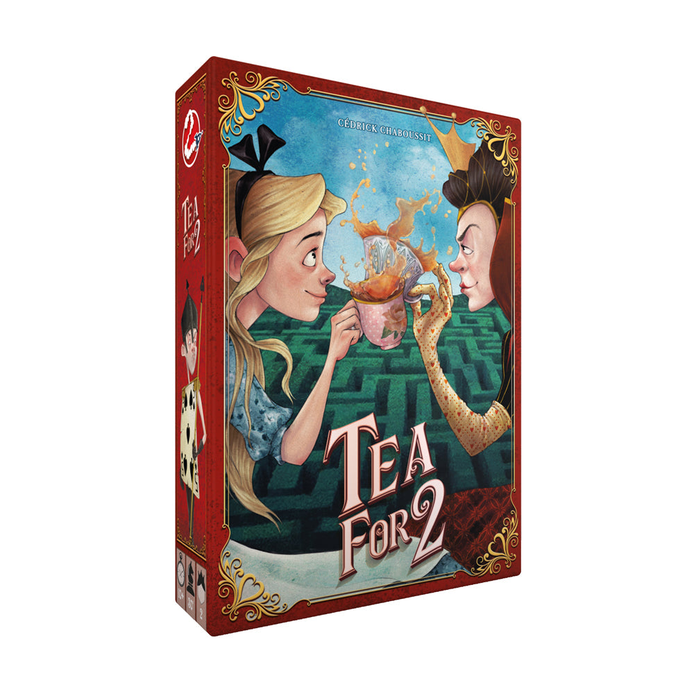 Tea for 2 board game box featuring two illustrated characters pouring tea, with red border and ornate gold detailing