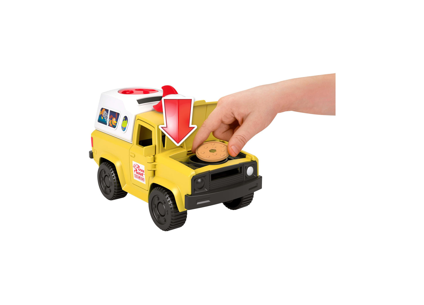 Imaginext Pizza Planet Truck yellow toy with opening cargo bed and pizza piece