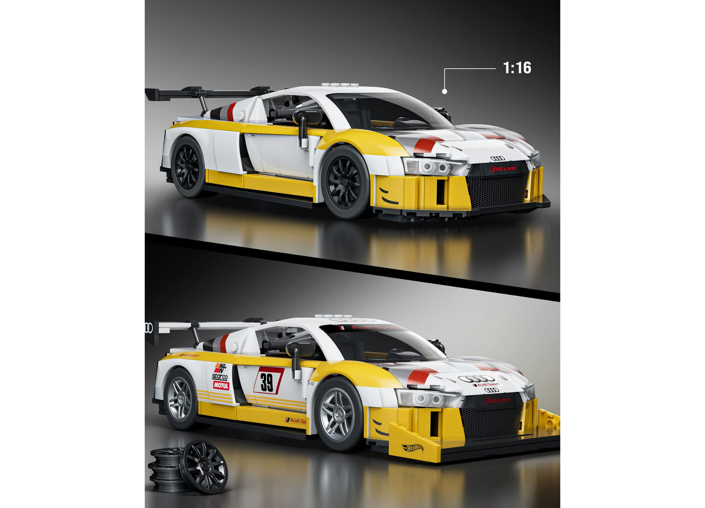 Hot Wheels Audi R8 LMS 820-piece building toy kit in yellow and white