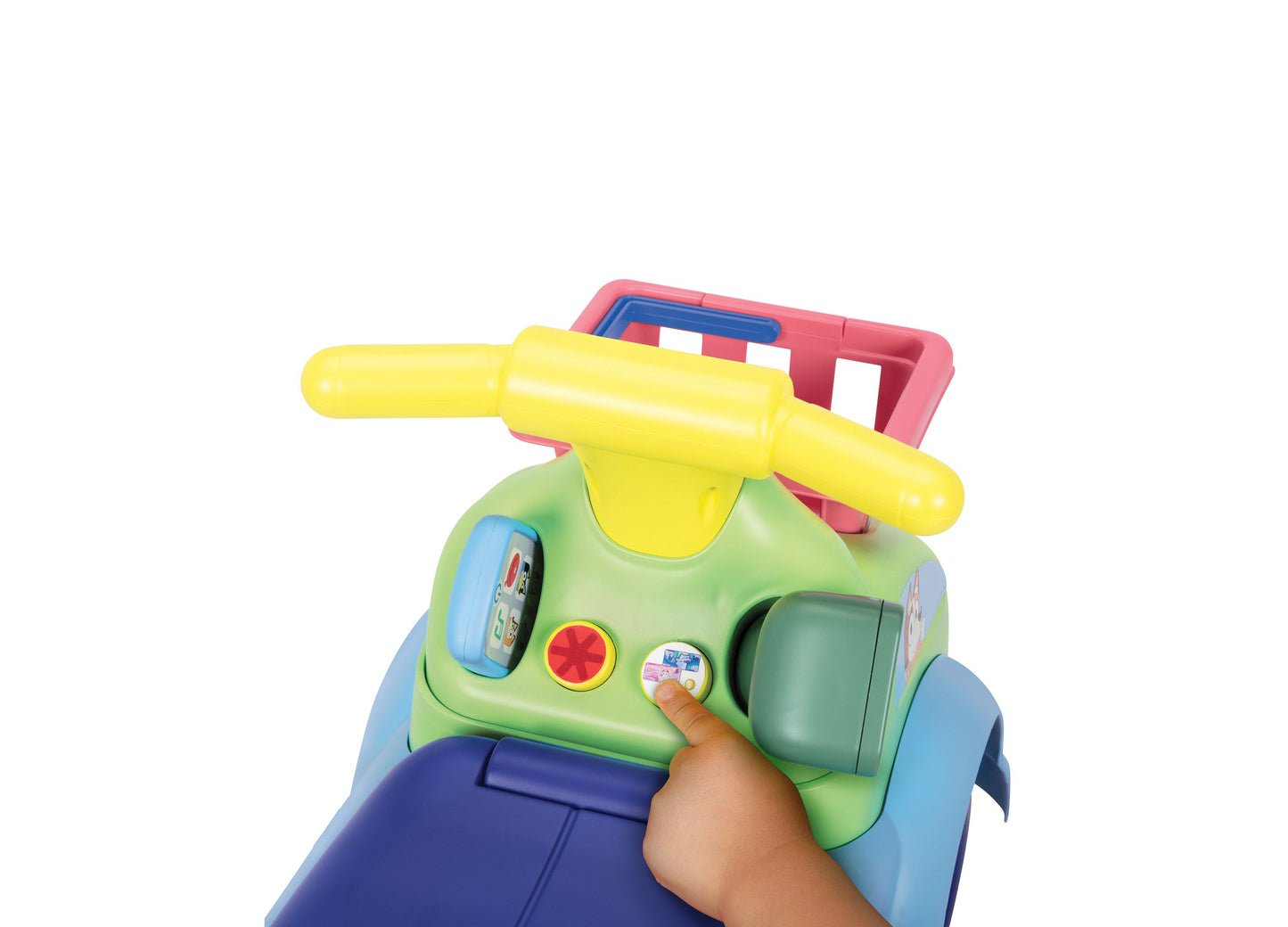 Bluey Shopping Cart Ride-On toy in blue, green, and yellow with interactive features
