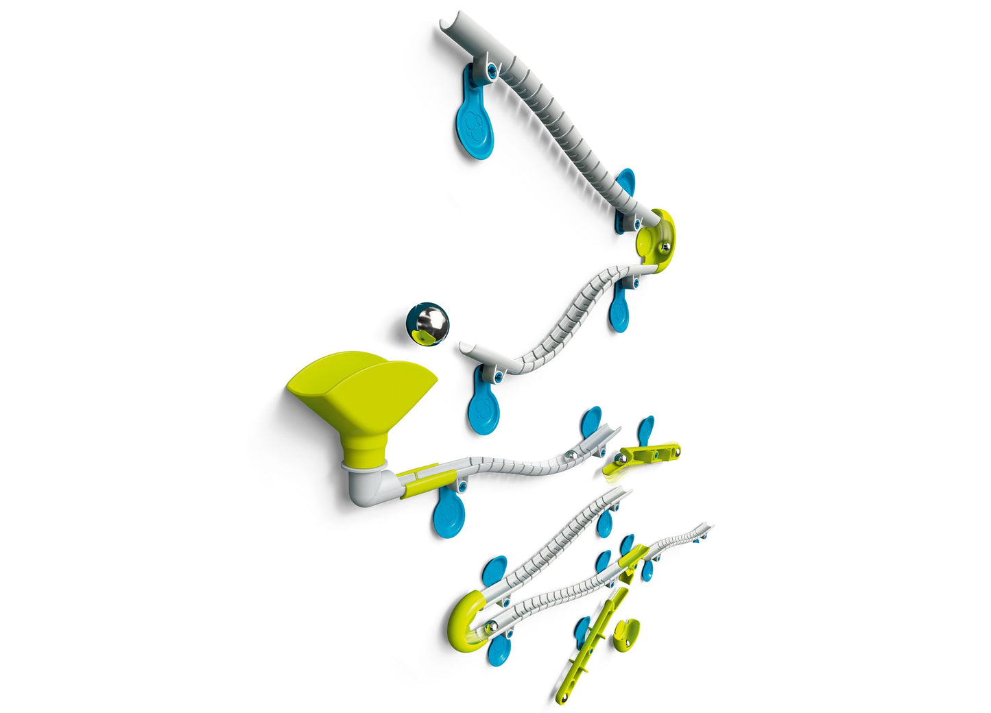 Thames & Kosmos Gecko Run Marble Run Starter Set with yellow funnel, blue connectors, and gray tubing