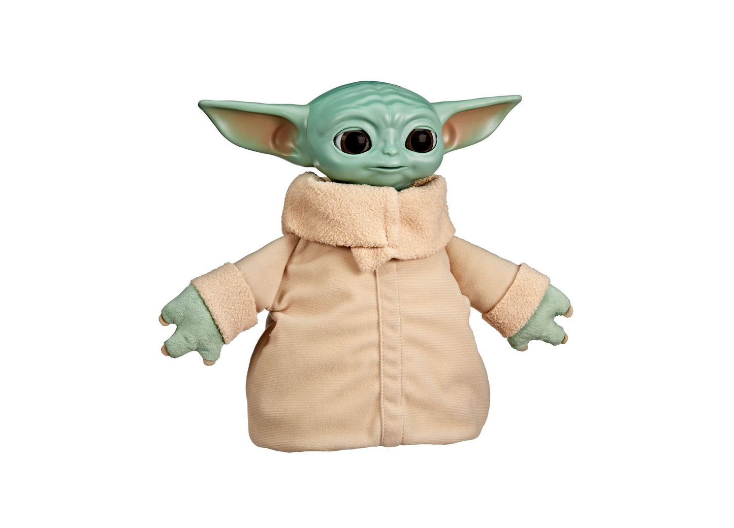 Star Wars Action Buddy Grogu plush toy with green skin, large ears, and tan robe outfit