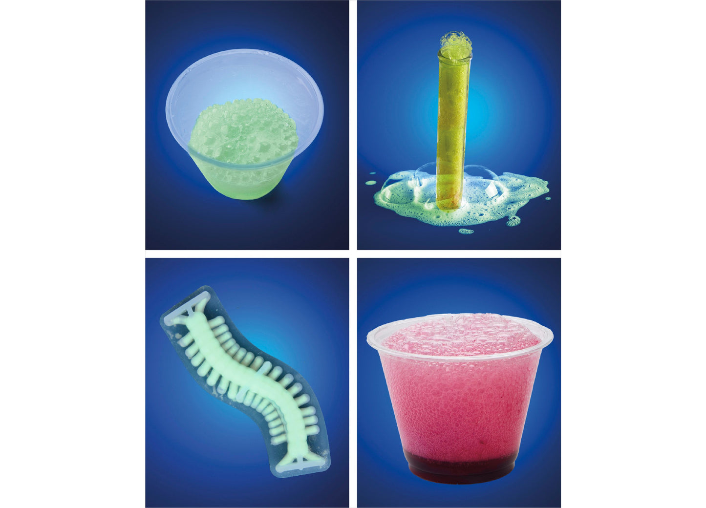 Discovery Kids Creepy Science Lab Kit showing glowing green and pink experiments in containers