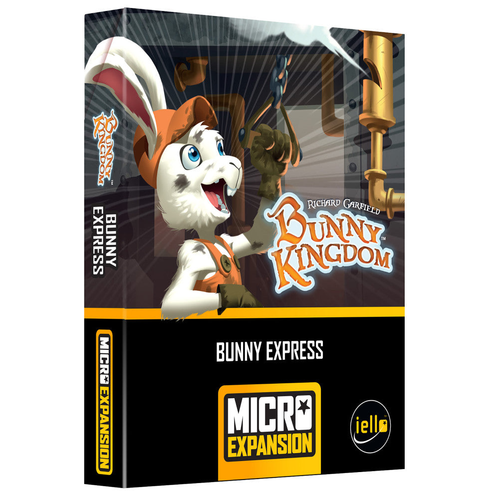 Bunny Kingdom: Bunny Express Expansion box featuring an animated white rabbit with orange accents holding a golden telescope, with game title and Micro Expansio