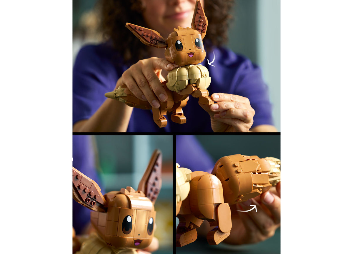 LEGO Pokémon Eevee Building Set with tan and cream-colored brick figure showing posable head, ears, legs, and tail